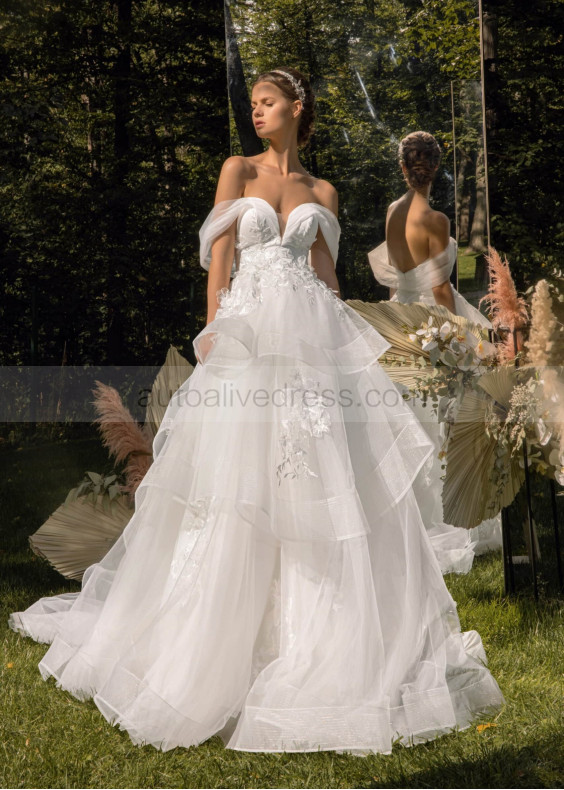 Off Shoulder Ivory Lace Tulle Ruffled Wedding Dress With Horsehair Trim
